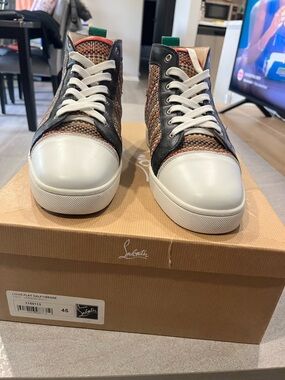 Christian Louboutin Men’s Multicolor Woven High-Top Sneakers with White Toe Cap